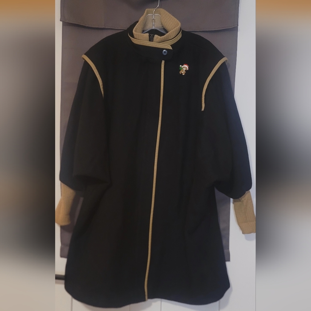 Vintage Union Made Women's Black Wool Jacket/Coat Tan Leather Trim/Pockets Sz XL